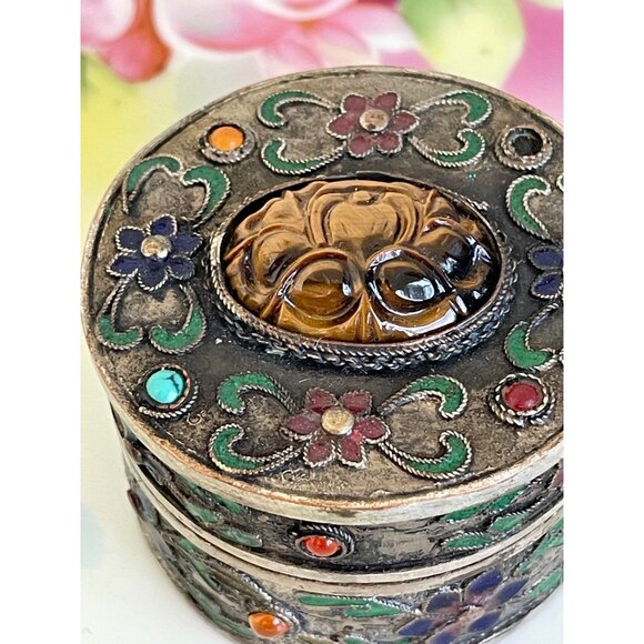 Antique Chinese Trinket Box Enamel Flowers Carved Tigers Eye Flower - Picture 2 of 14